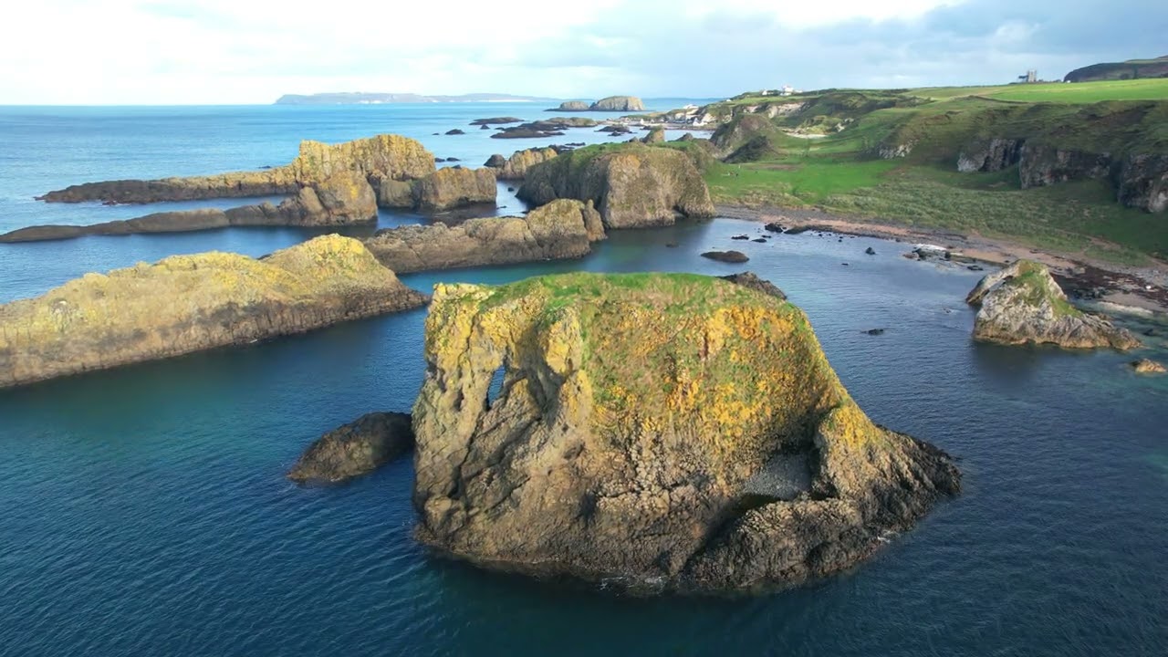 Ballintoy Harbour and Elephant Rock. 4k Drone Footage