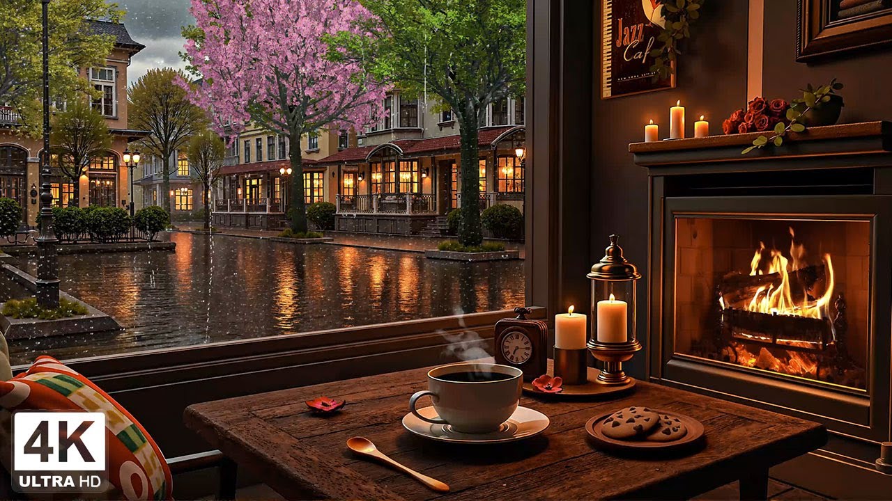 Peaceful Spring Rain Nights at a Cozy Coffee Shop ☕🌸 Soft Jazz Piano & Fireplace for Study & Work