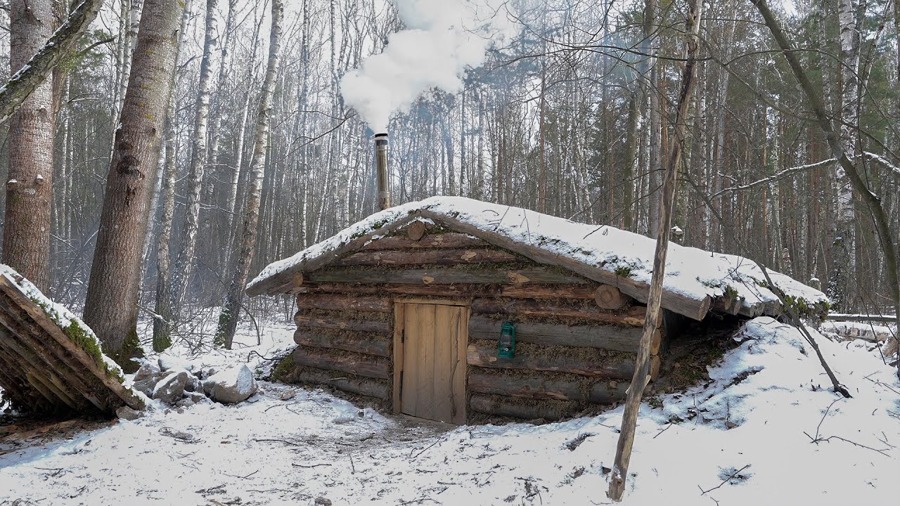 Winter shelter overnight, Dugout building, ASMR no talking
