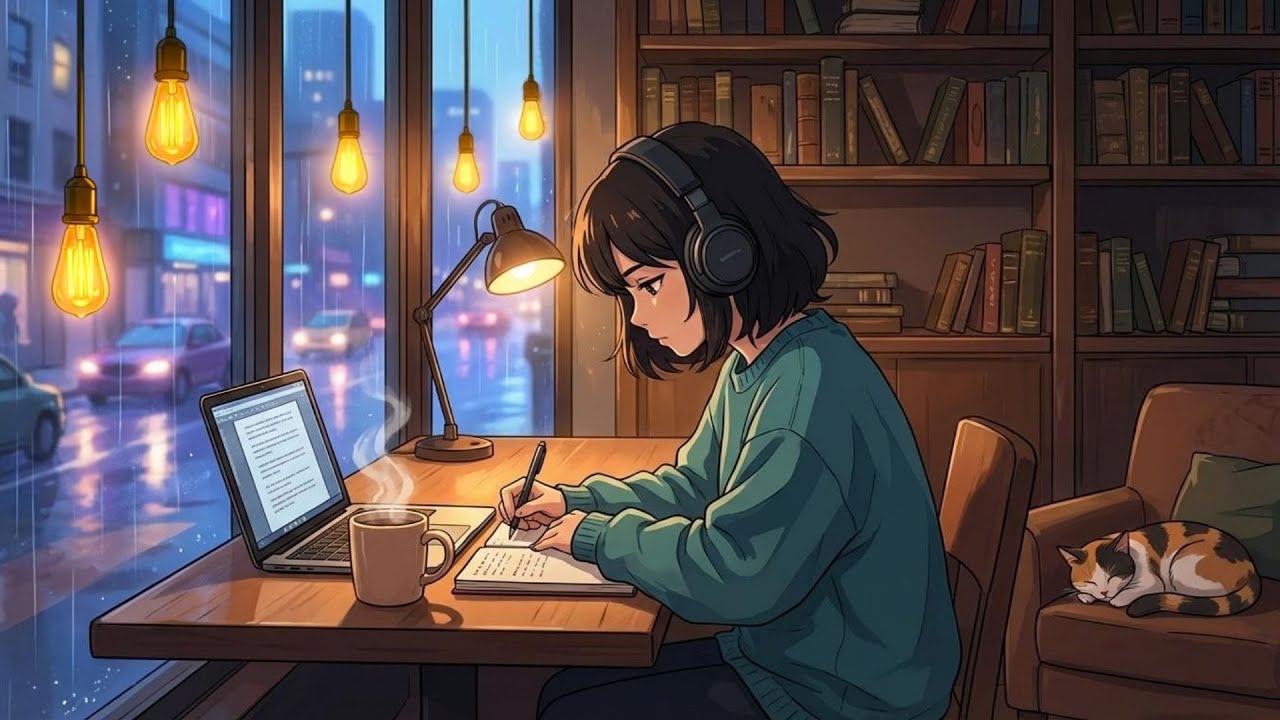 Rainy Coffee Shop Ambience ☕️ Jazzy Lofi Hip Hop Mix [Study & Relax]