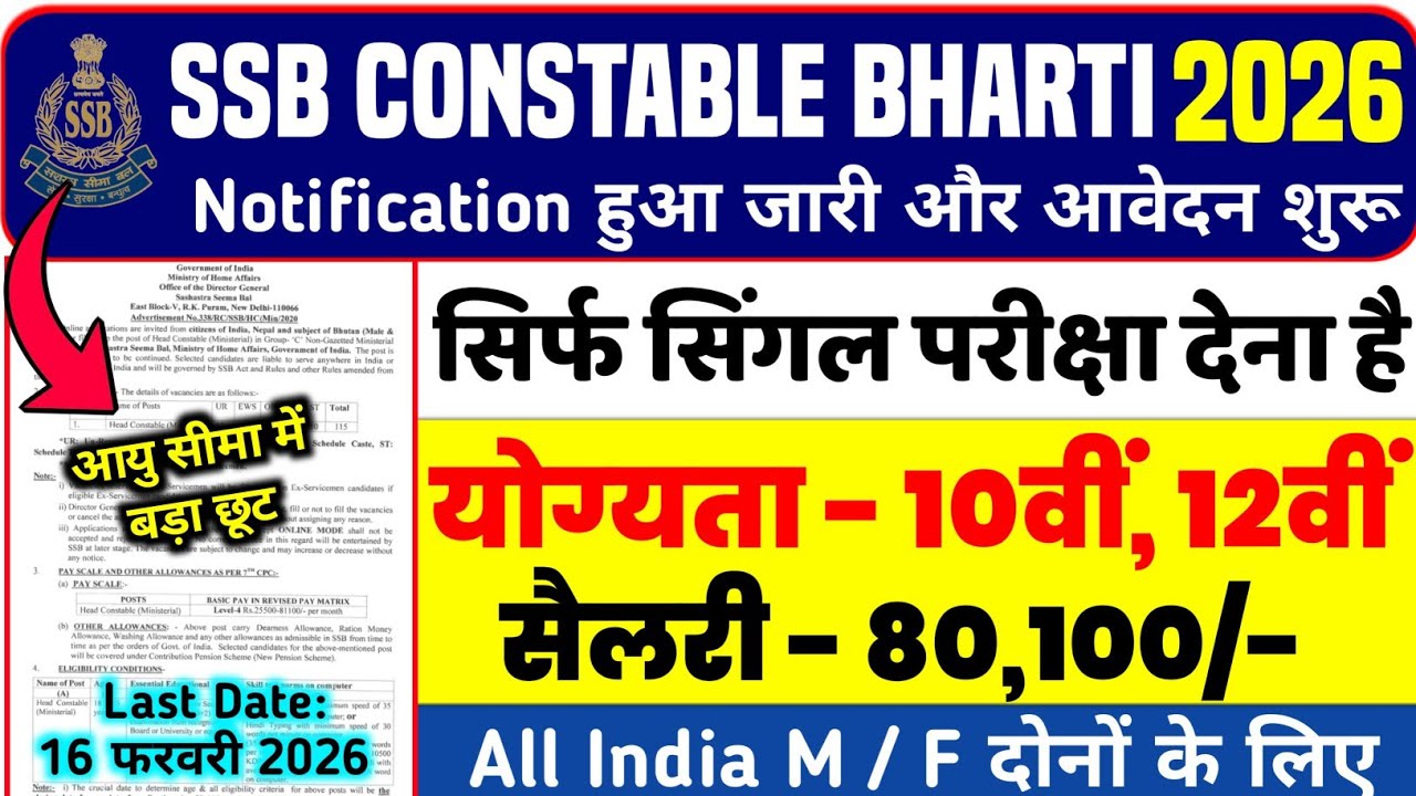 SSB Constable Rally Vacancy 2026 | SSB New Bharti 2026 | January Jobs |10th & 12th Pass