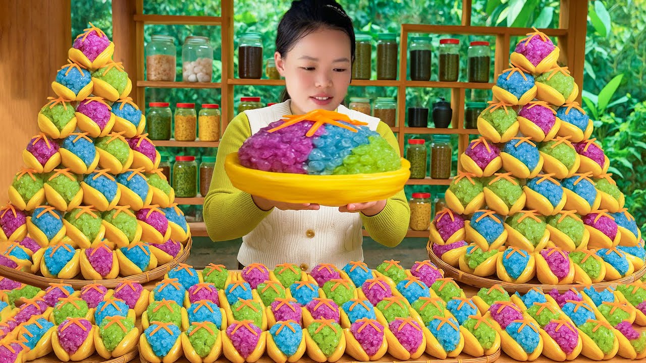 Process of making jackfruit sticky rice and stuffed beans with tomato sauce sold at the market