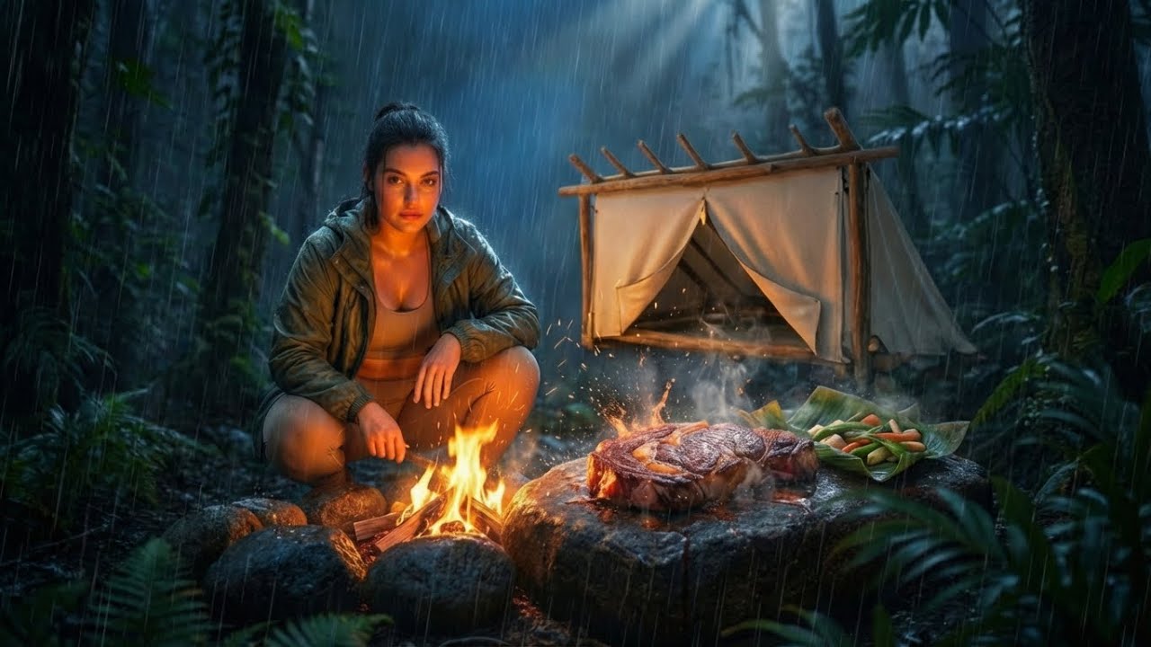 Alone in Rainy Jungle Night 🌧️🔥 | Survival Camping & Beef Steak ASMR