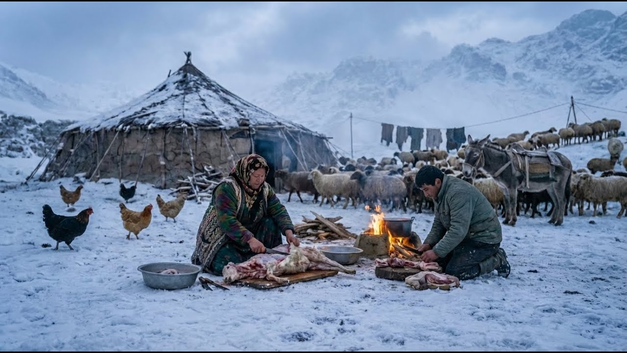 Surviving in a frozen mountain village in Afghanistan at  61°C  A nomadic family butchering sheep