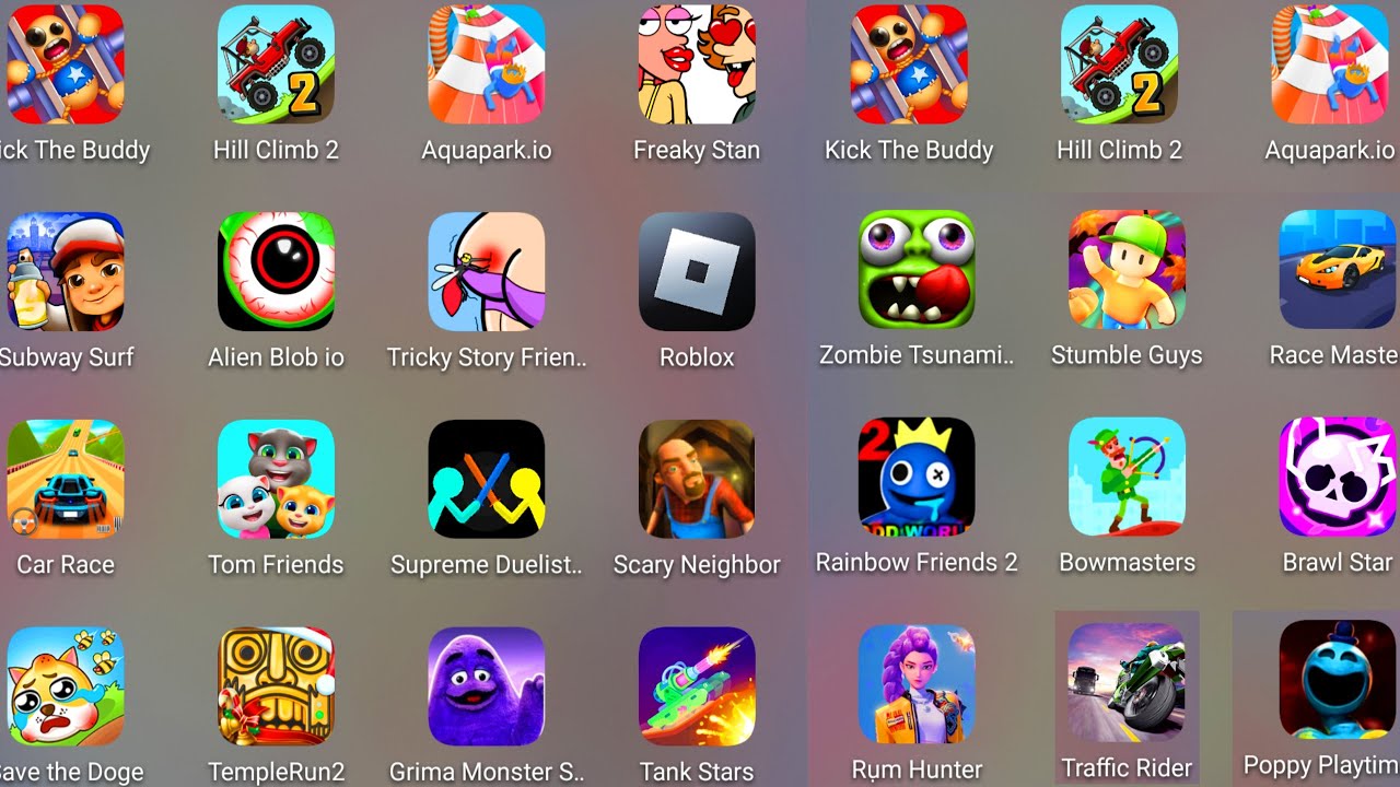 Roblox,Poppy Playtime 4,Rainbow Friends 2,Grimace Monster,Race Master 3D,Traffic Rider,Stumble Guys