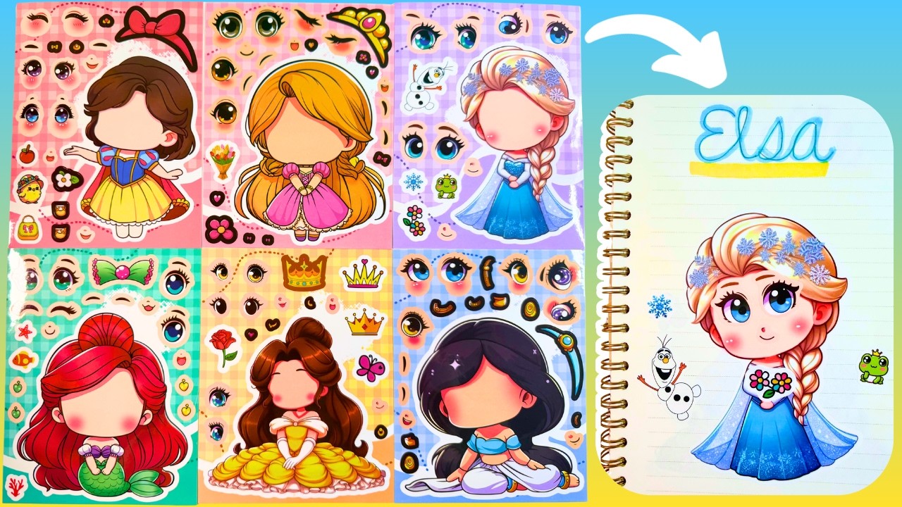 Disney PRINCESSES! Learn Cursive Writing with DIY Make a Face Stickers with Ariel, Belle, Snow White