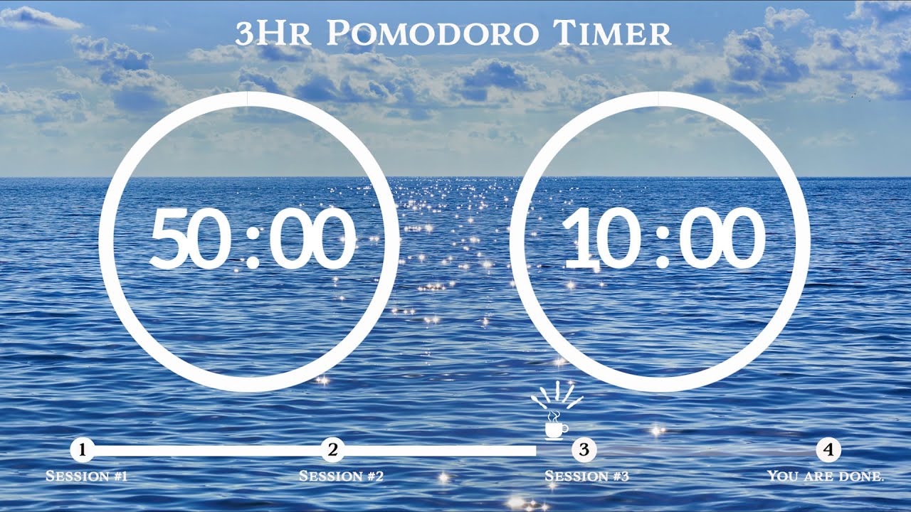 50 Minute Pomodoro Timer 🌊Ocean Wave ASMR 📚3-Hour Study ⏱Pomodoro 50/10, 50 min x 3 sets
