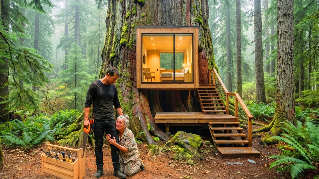 This old woman's house was destroyed by the wind, so this man built a modern tree house for her