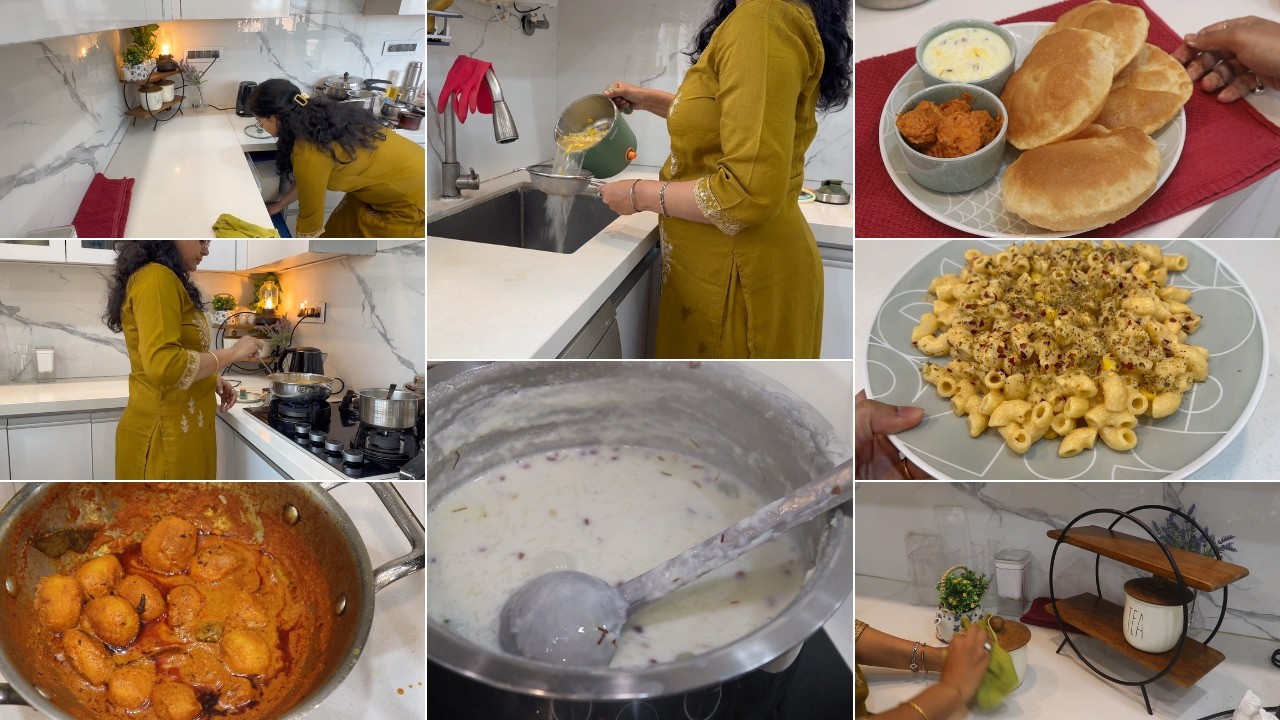 गृहिणी का जीवन कुछ ऐसा ही होता है👩‍🍳कश्मीरी दम आलू🍲 चिरौंगी खीर पूरी Aaj Banaye Pakwan | Cleaning |