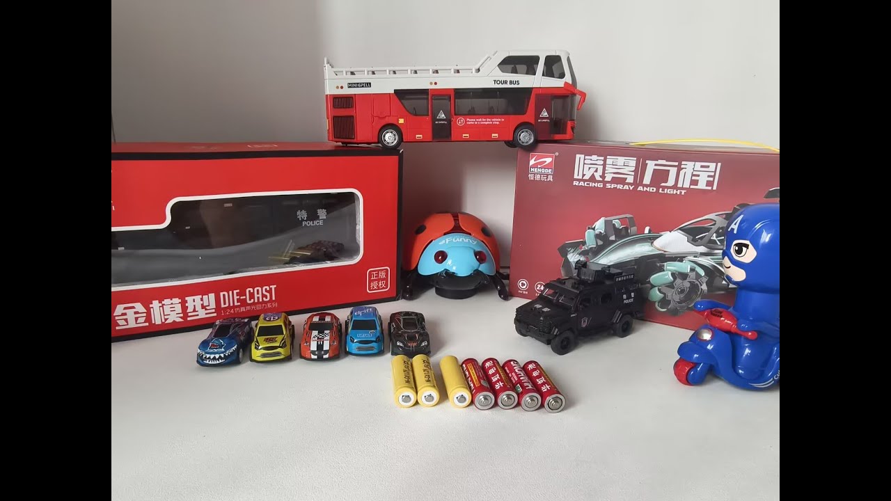 Unboxing RC sports cars, Sightseeing bus, three wheeled music cars, and Realistic sports car models.