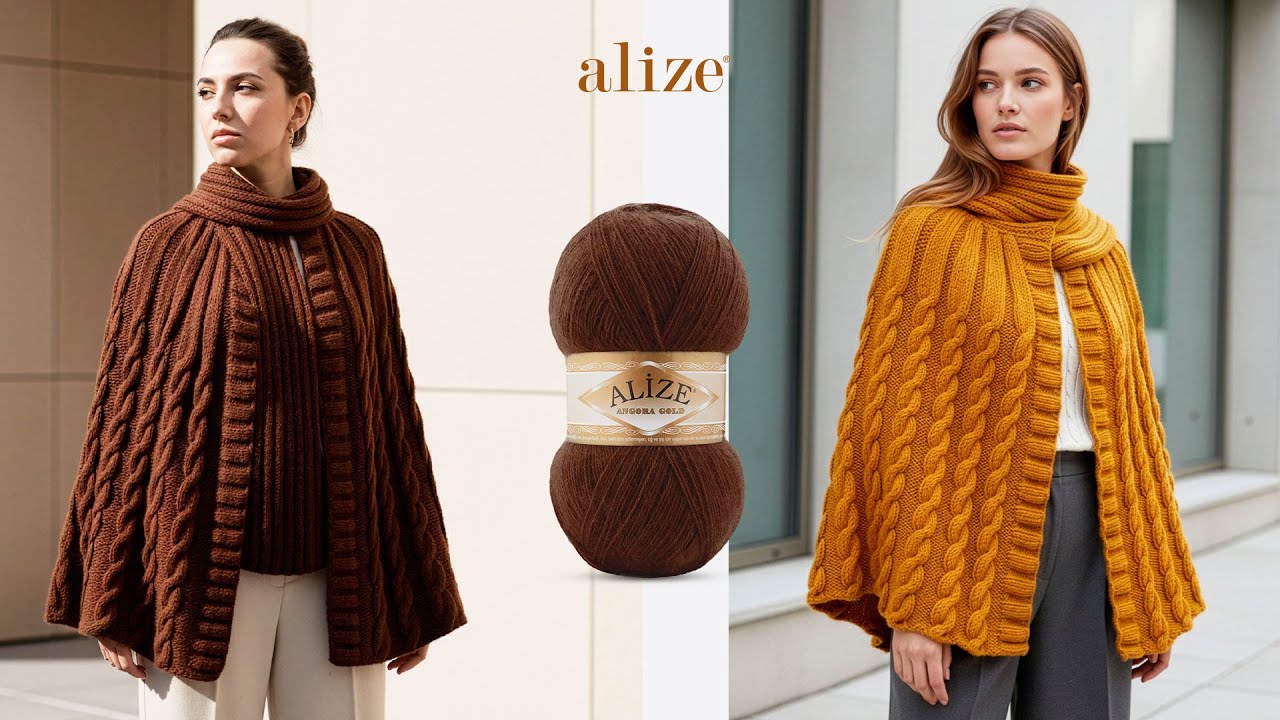 Пончо косой вязки из пряжи Alize Angora Gold и Alize Superlana Maxi