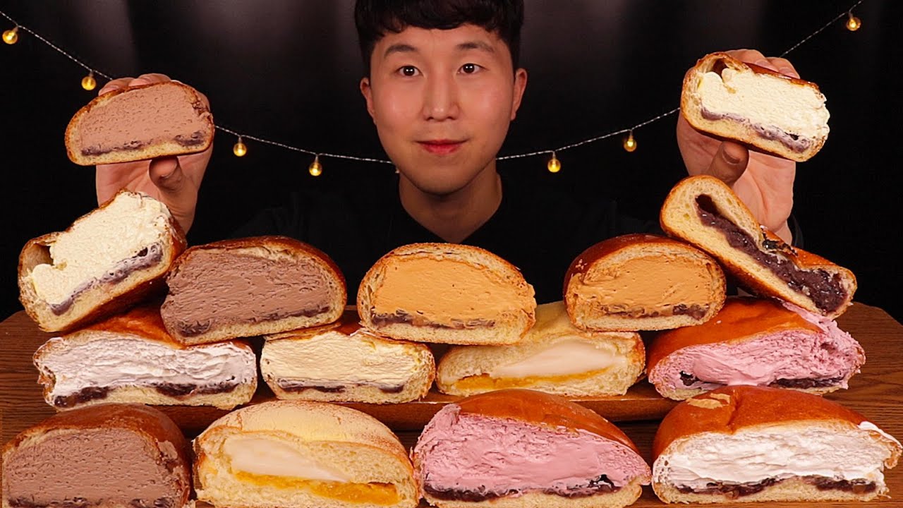 [SUB]초코,우유, 모카, 바나나, 체리 크림 단팥빵(Milk, chocolate, mocha, banana, cherry cream red bean bread)#MUKBANG