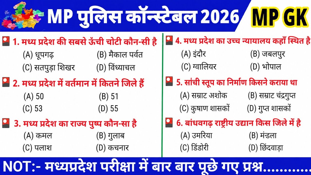 MP GK 2026 | मध्य प्रदेश GK के Top 50 Questions | MP Police Constable 2026 | MPESB | Mock Test #1