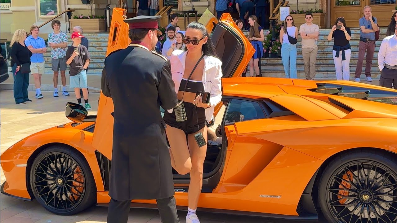 Pretty Millionaire Arriving with Her Lamborghini Aventador at Monaco Iconic Square @emman25MC