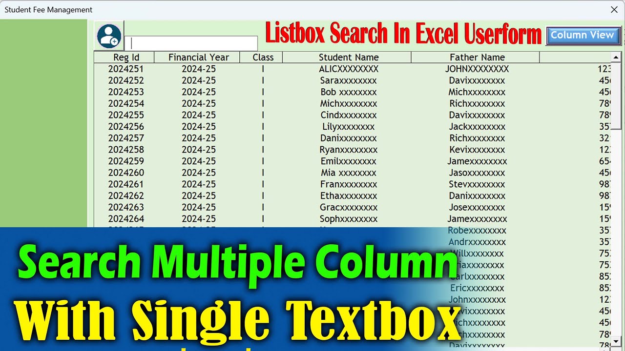 Excel Listbox | Multi Column Search in Excel Userform  | School Fee Management