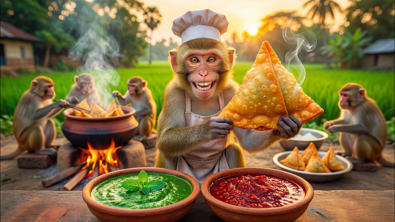 Monkeys Together Made Samosas and Chutney | Amazing Monkey Cooking | Monkey Chef