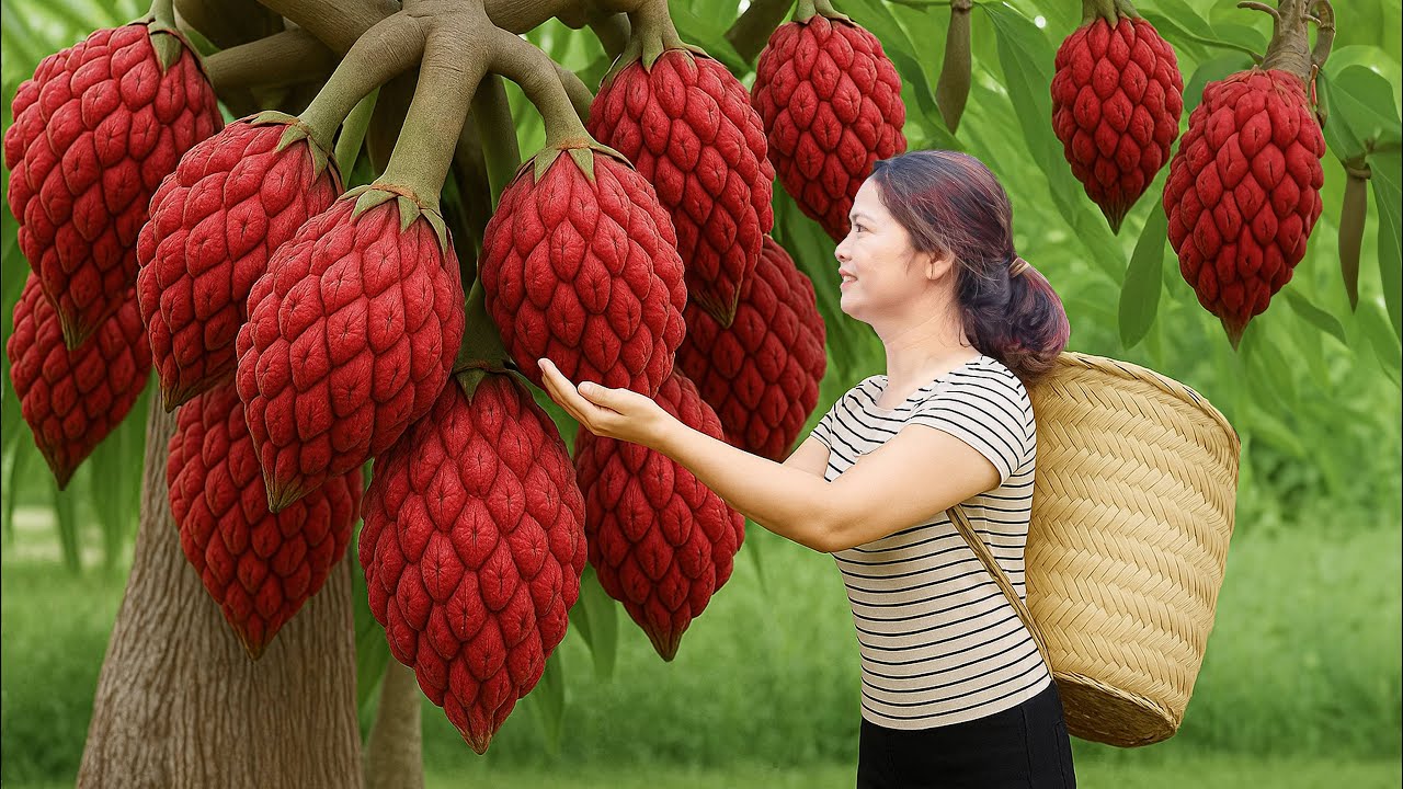 Harvesting Giant Red Wild Soursop & Making Sticky Rice Cake With Jackfruit - Ancient Village Recipe!
