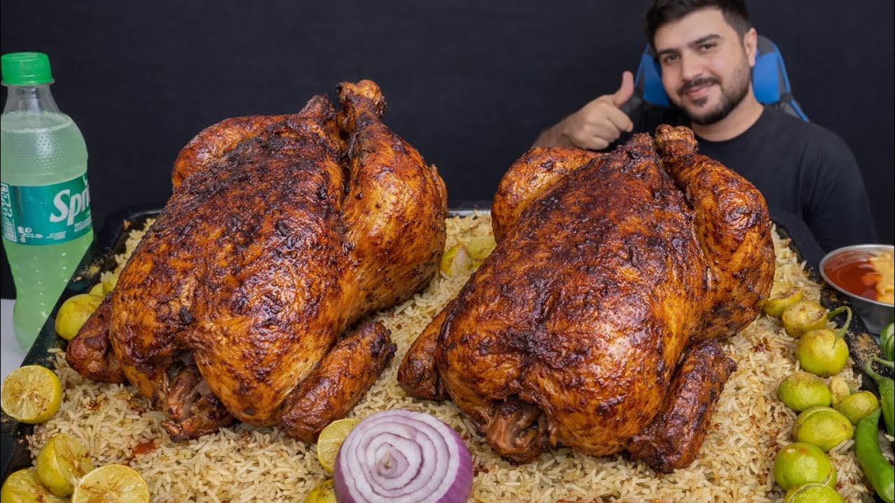 ASMR Eating 2 Spicy BBQ Whole Chicken with Masala rice Lemons Raw Onion Green Chilies BBQ Sauce