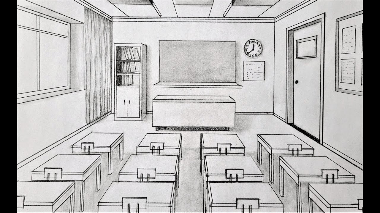 How to draw a classroom in one point perspective, timelapse
