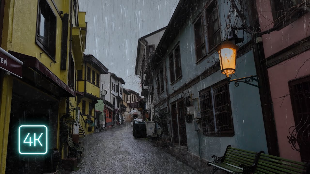 Walking Through a Historic Town in Heavy Rain & Thunder