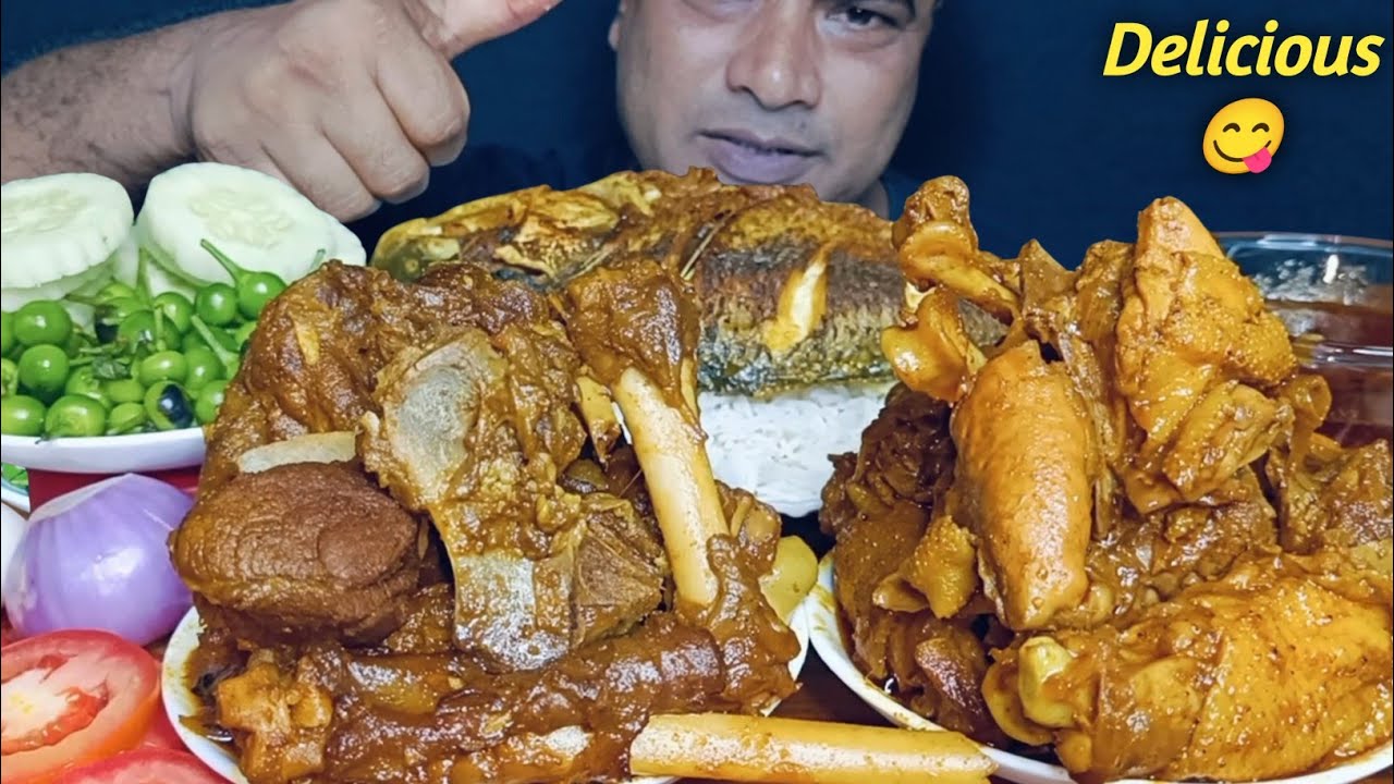 Asmr Eating Spicy Mutton Curry| Basmati Rice| Desi Chicken Curry| Fish Fry| Cherry Chilli & Salad 😋