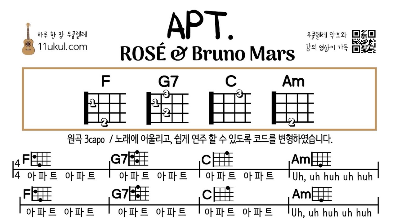APT.(ROSÉ & Bruno Mars) 아파트(로제와 브루노마스) 우쿨렐레 쉬운곡 초보 코드 악보
