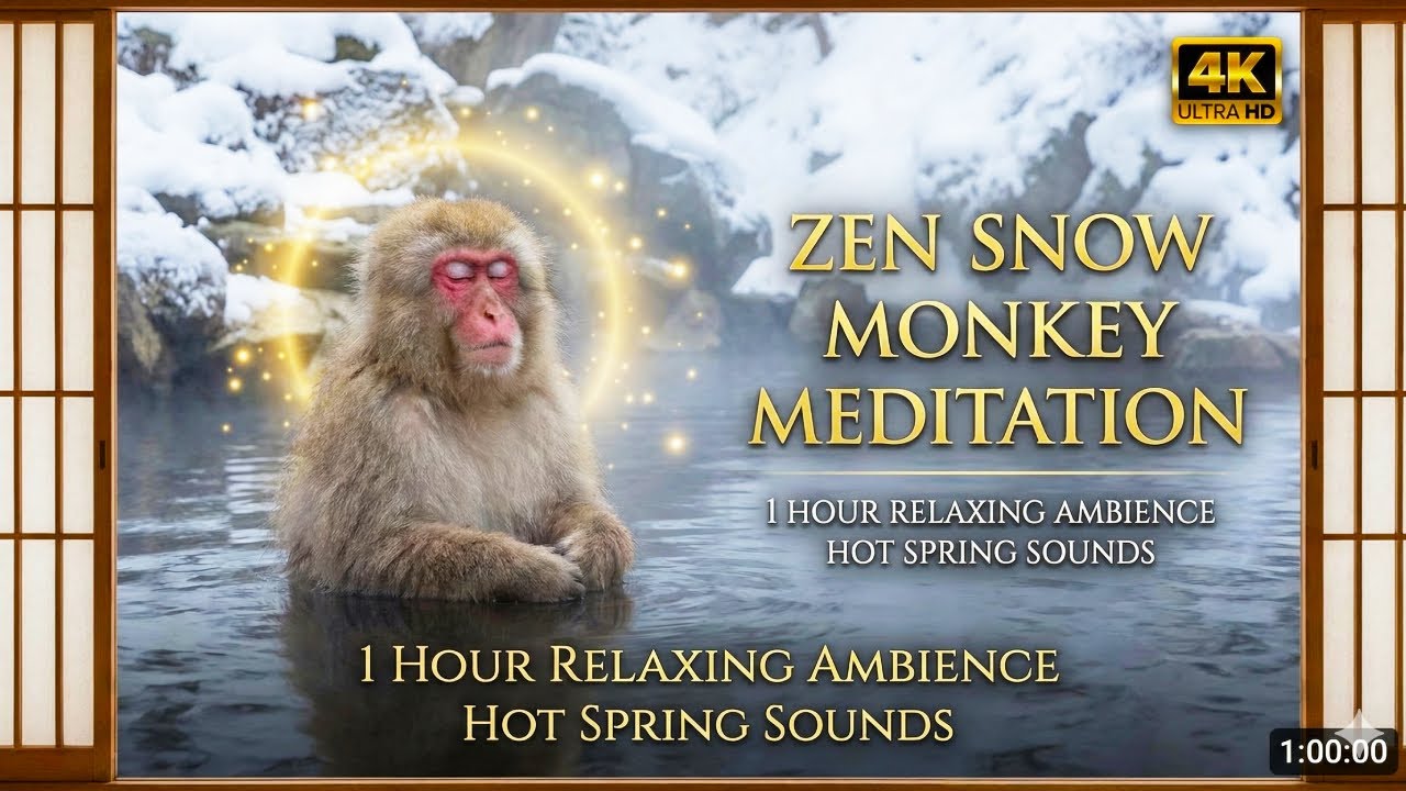 Snow Monkey Spa in Winter Forest ❄️♨️ Hot Spring Sounds & Japanese Flute (1 Hour Relaxing Loop)