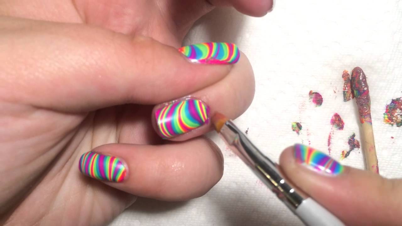 Striped Rainbow Water Marble Nail Art Tutorial