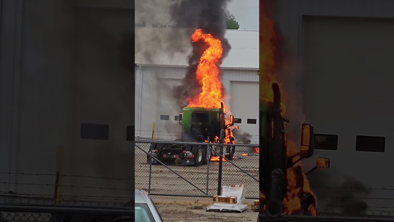 Runaway Engine burns Peterbilt to the ground. Excavator operator saves shop!