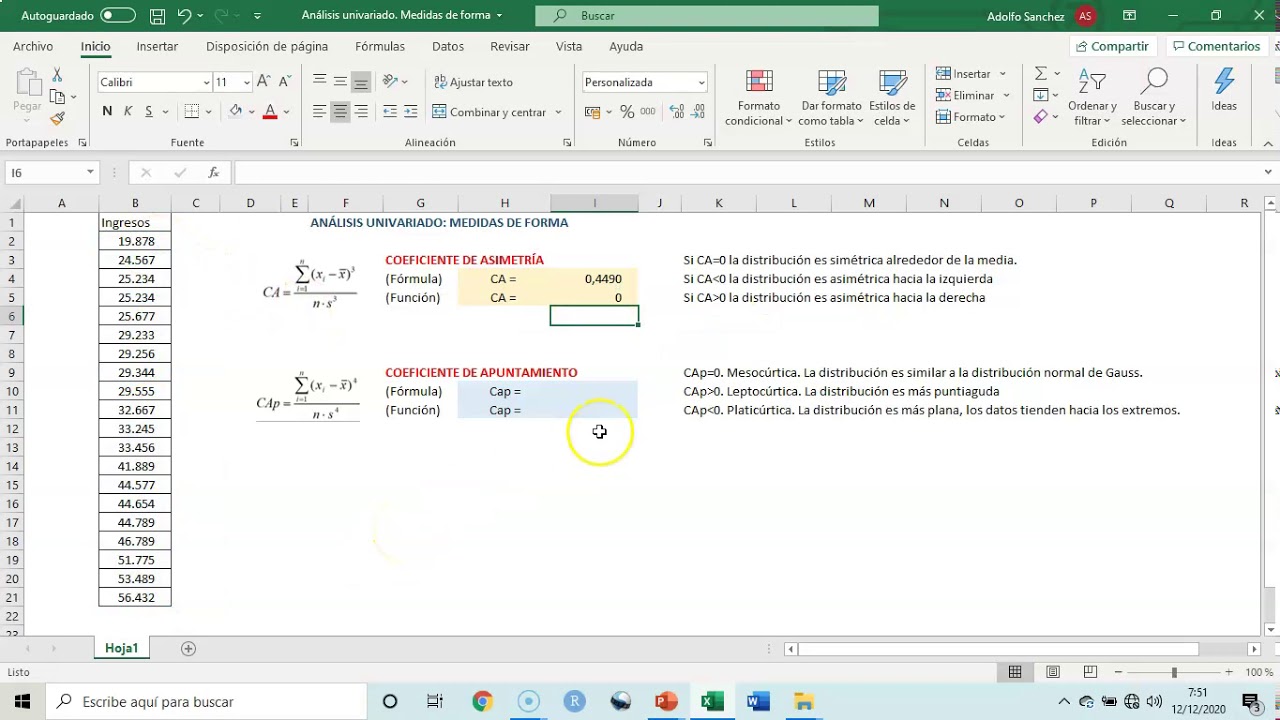 Medidas de forma en Excel (coeficiente de asimetría y curtosis)