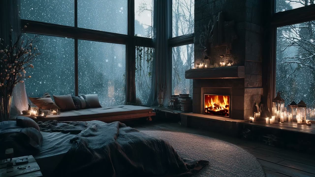 Cozy Fireplace & Soft Snowfall ❄️ Peaceful Winter Night