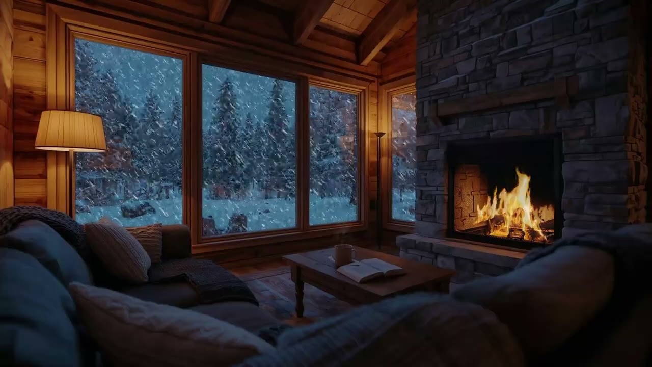 Snowy Forest Cabin Living Room | Cozy Fireplace Glow & Winter Night