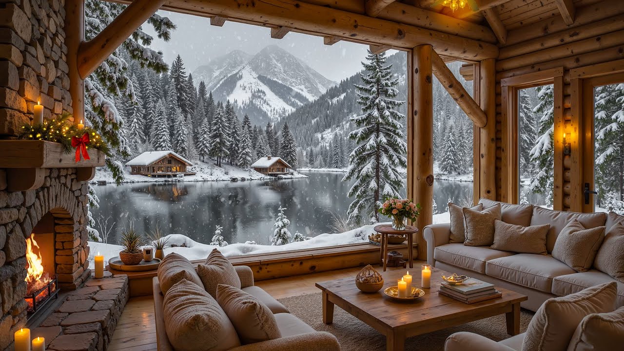 Cozy Winter Porch Ambience ⛄ Warm Piano Music and Crackling Fireplace on a Snowy Day for Relax