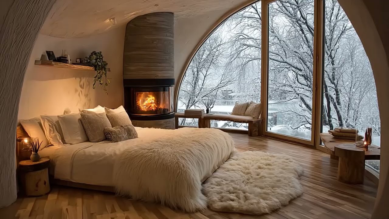 Winter Cabin Bedroom Ambience ❄️ Warm Fireplace, Soft Snowfall & Calm Night Sleep