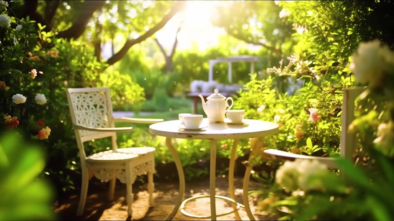 Sunlit Garden Oasis: Morning Tea Ambience with Birdsong