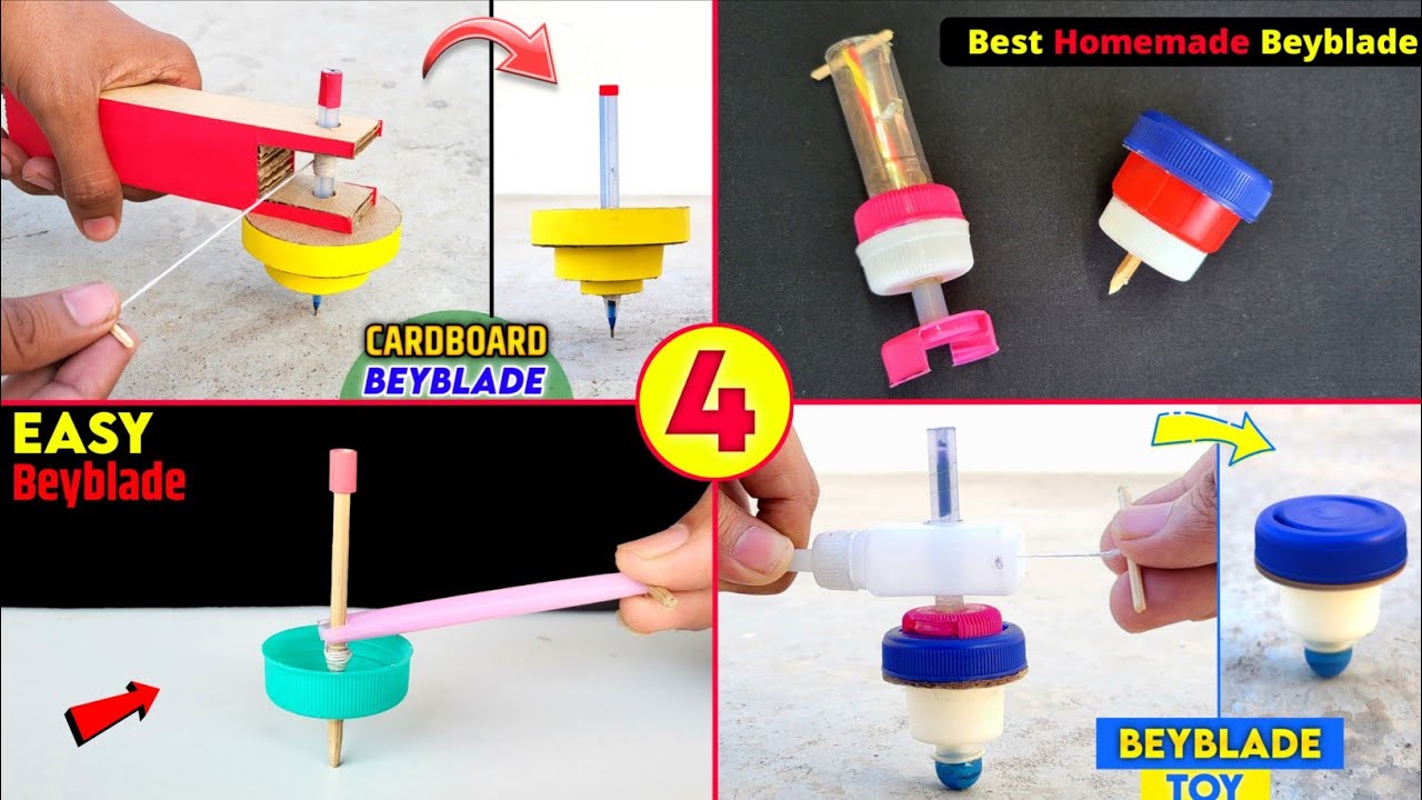 4 Easy homemade Beyblade , how to make spinning toy , DIY Beyblade