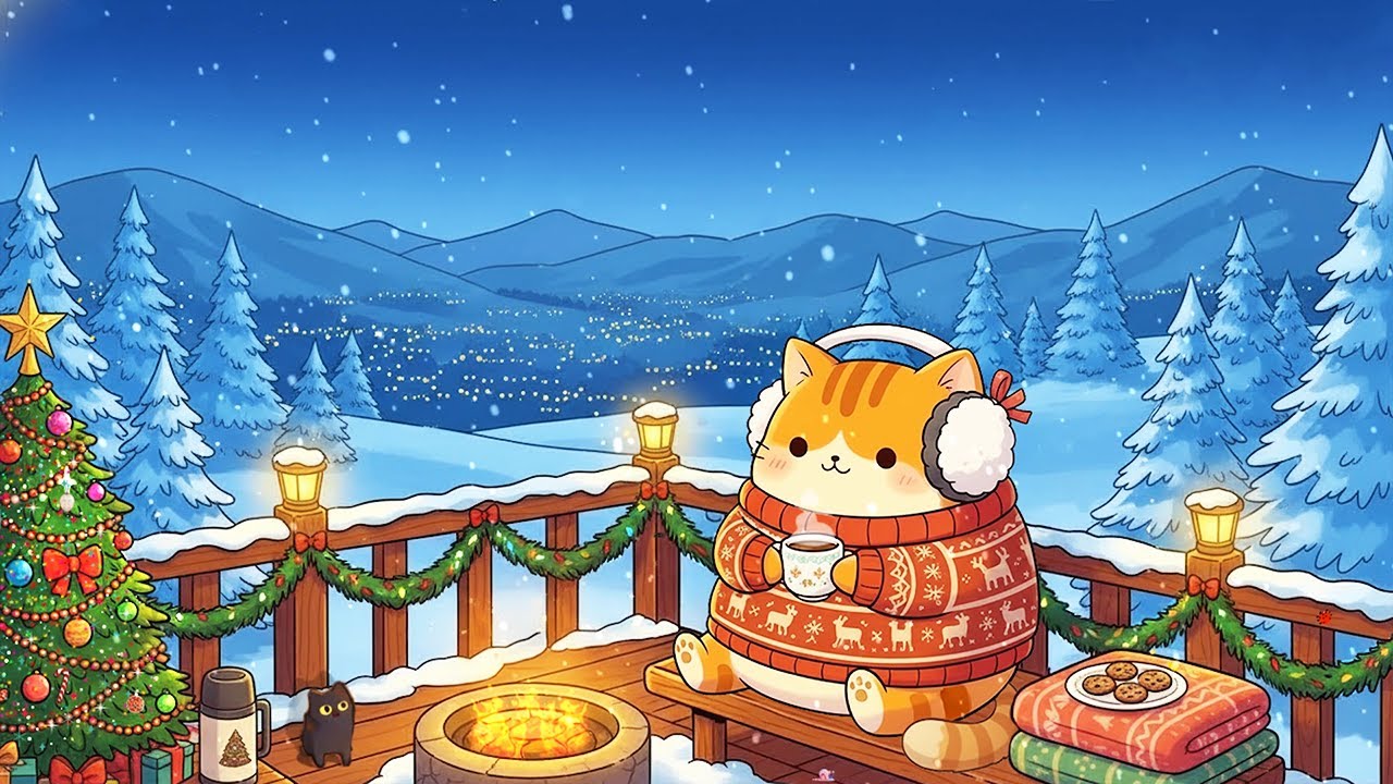 Meow Lofi Winter 🏔️🔥 Cozy Mountain Balcony Beats for Deep Sleep, Relax & Snowfall