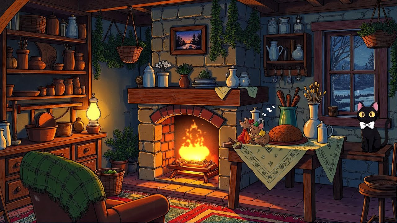 Peaceful 1950s Winter Night with Vintage Oldies Music Playing in Another Room | Warm Retro Space