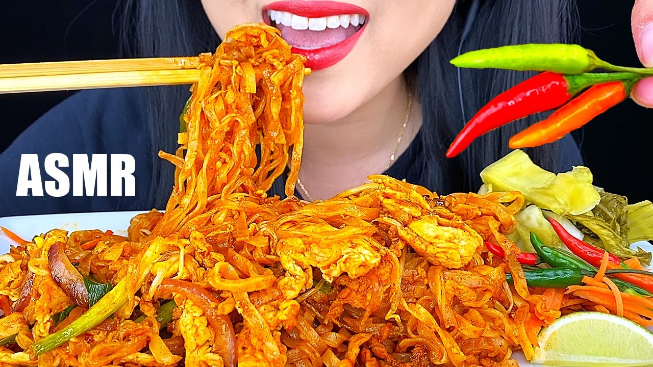 ASMR EXTRA SPICY NOODLES + Chili Peppers (Pad Thai) Slurping Eating Sounds *NO TALKING* | ASMR Phan