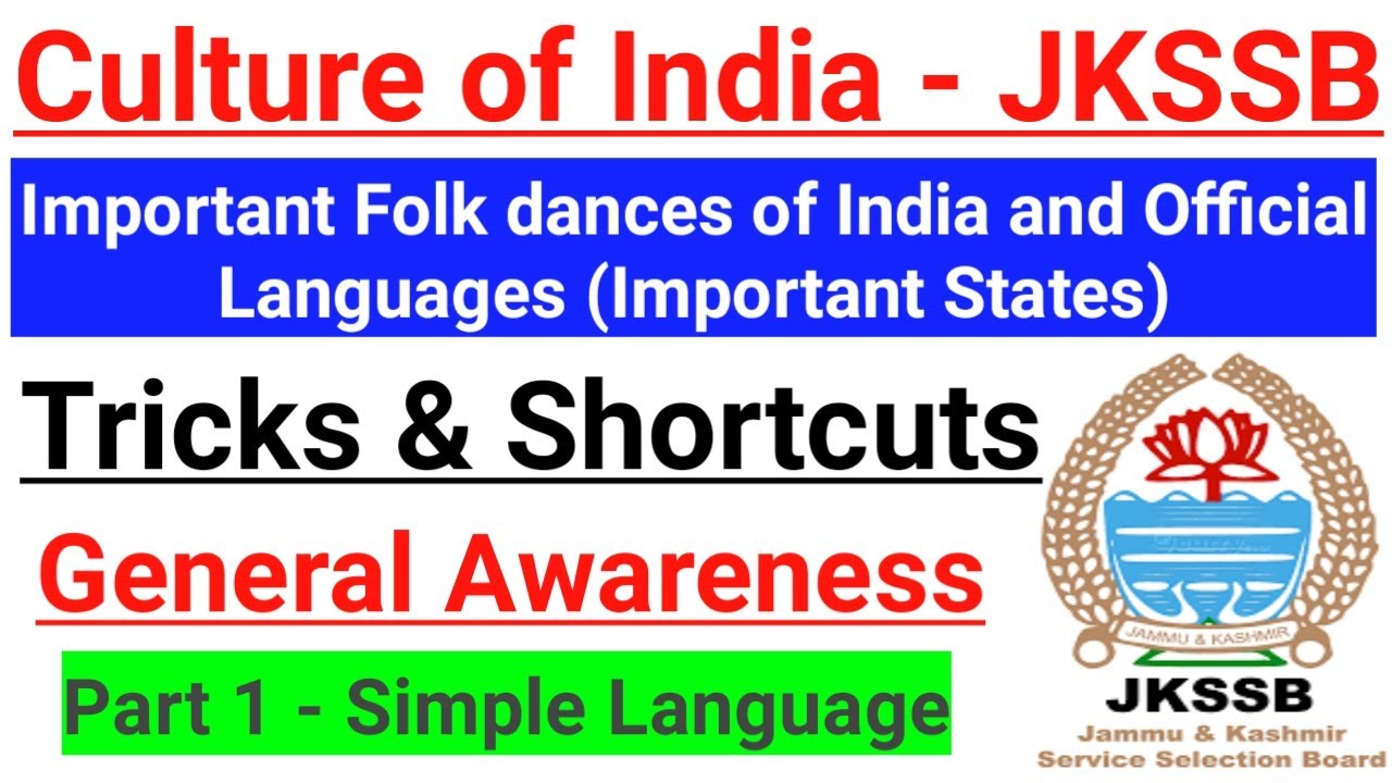 Culture of India - Popular Folk Dances and Official Languages (India) || JKSSB Class IV Preparation🔥