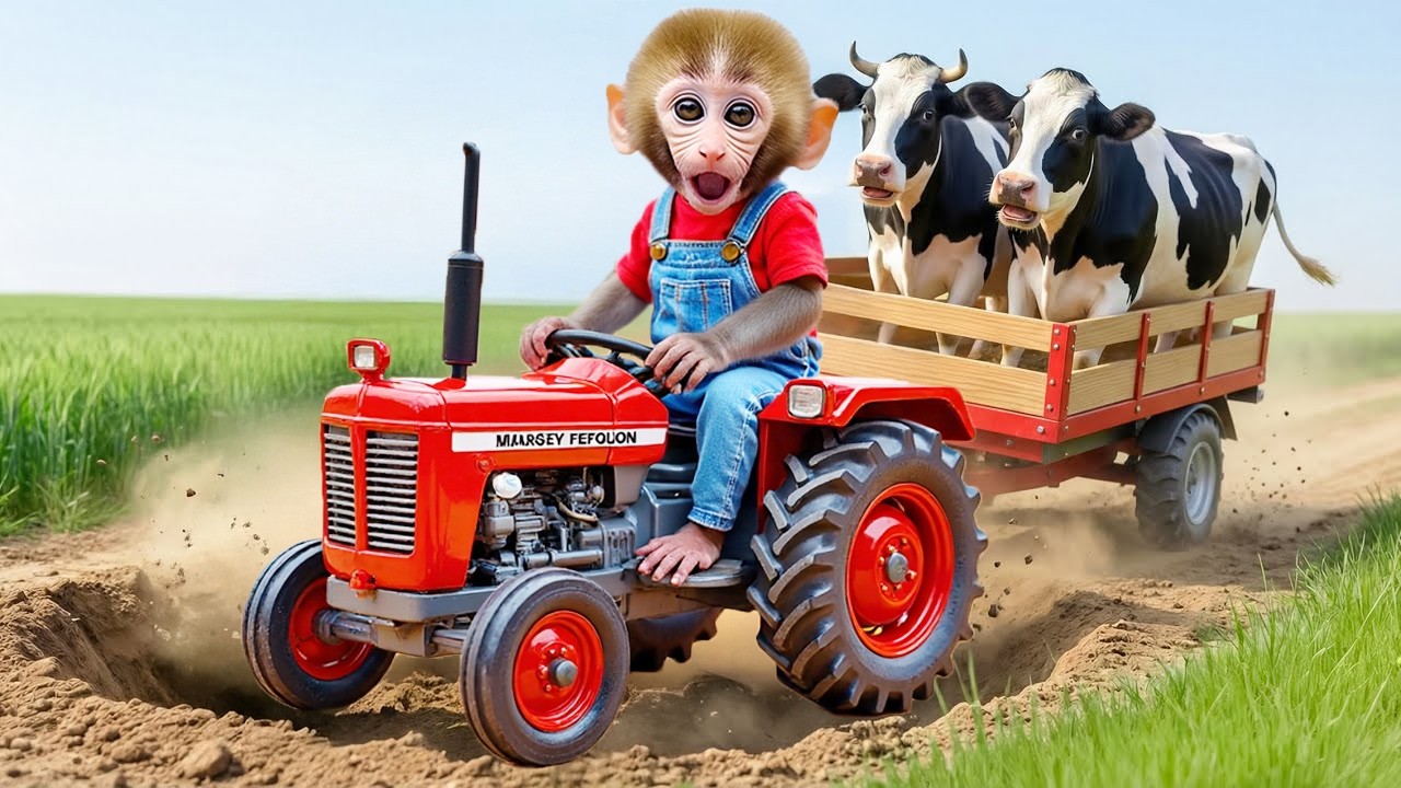 Monkey Nana drives a self-made tractor to the farm and rescues a dairy cow that fell into a pit