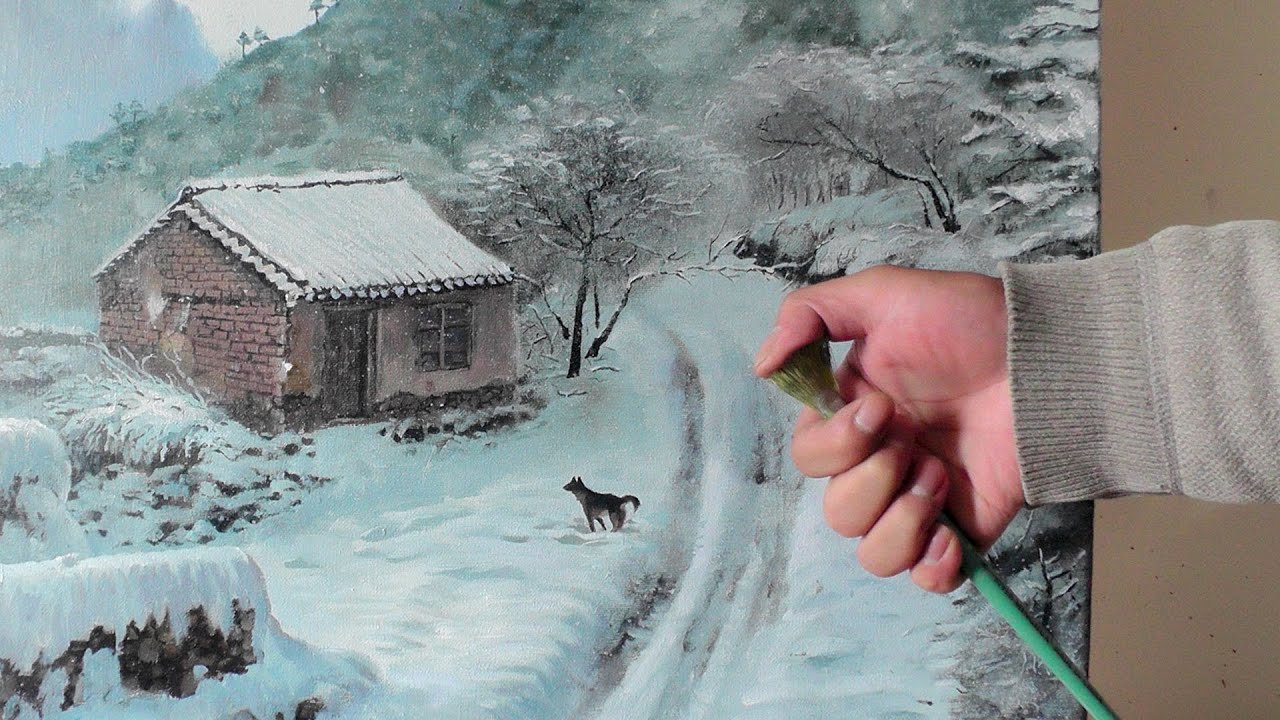 农村雪景小屋。#007