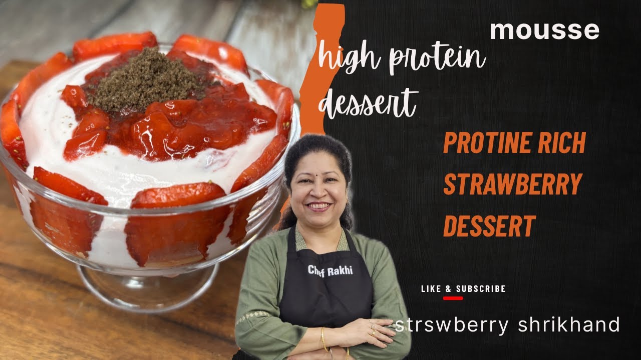 High protein strawberry dessert|protein rich strawberry mousse|healthy strawberry shrikhand|