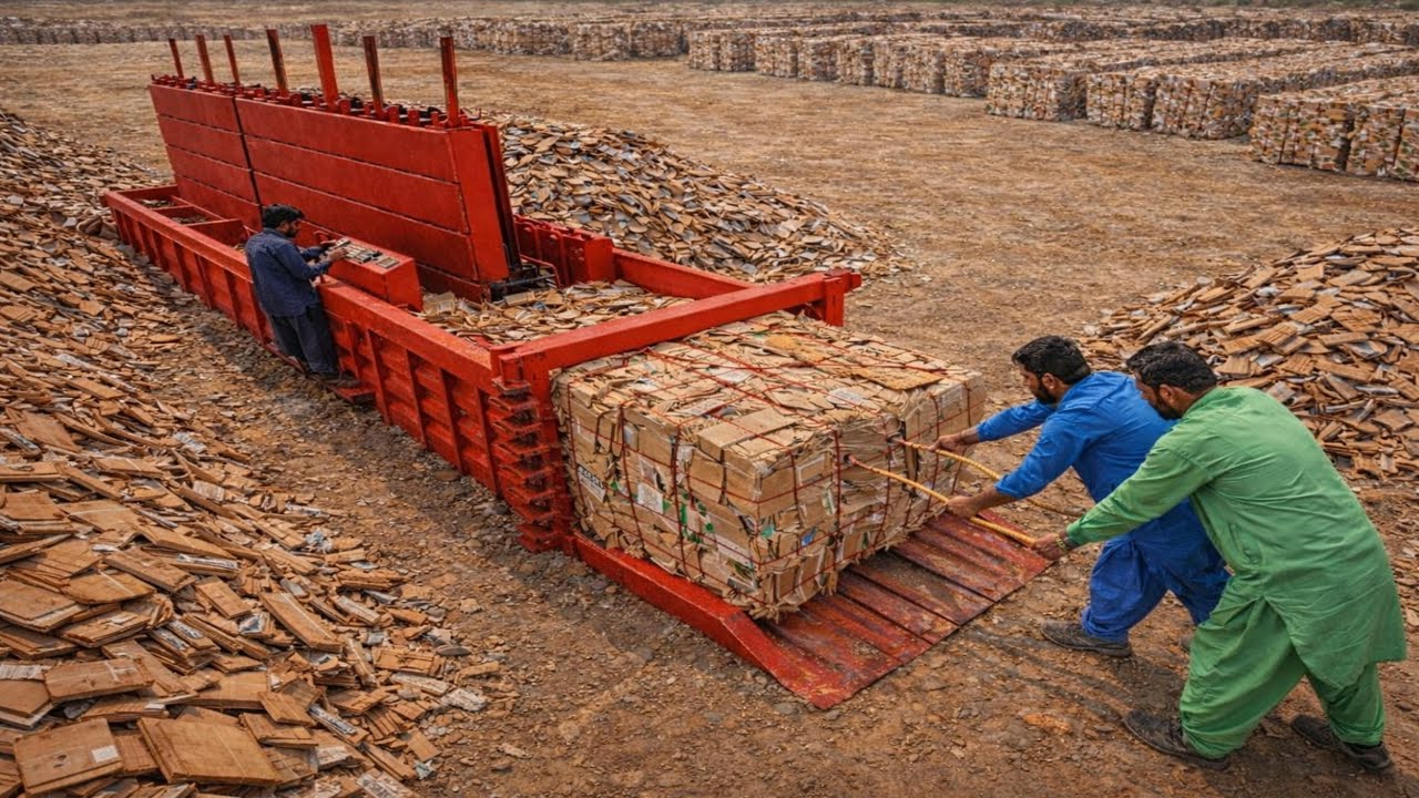 Waste Cardboard Turned into Massive Bales | Baler Machine in Action – Recycling Factory Process 