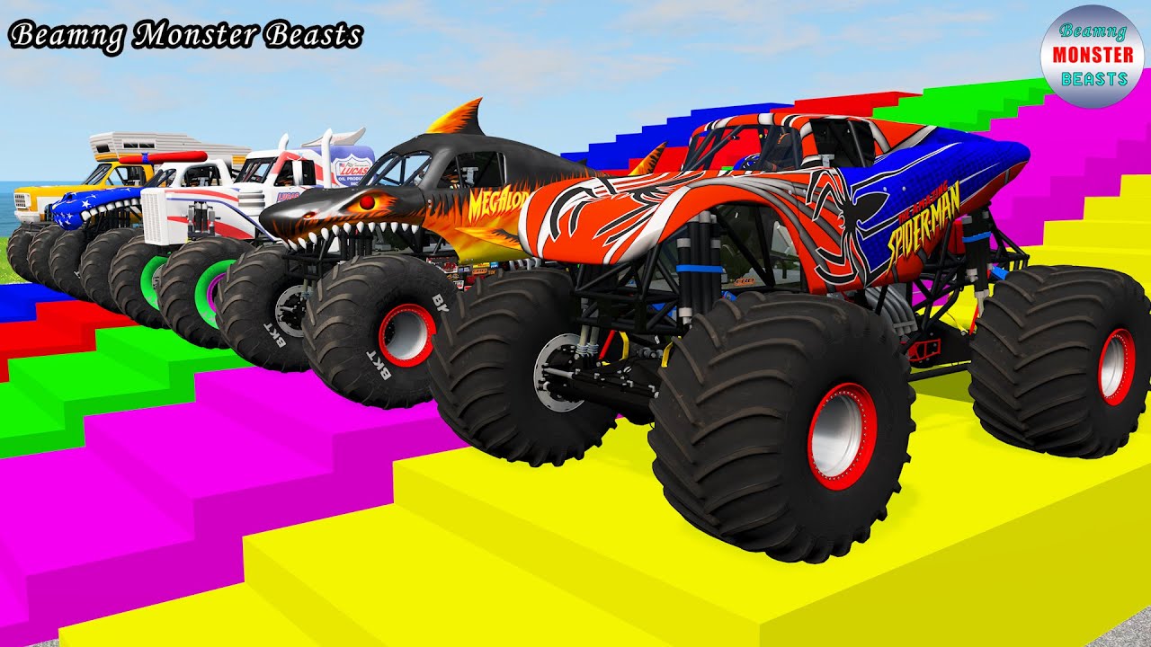 Monster Truck Transport on Triple Flatbed Trailer &ndash; BeamNG Monster Beasts #106