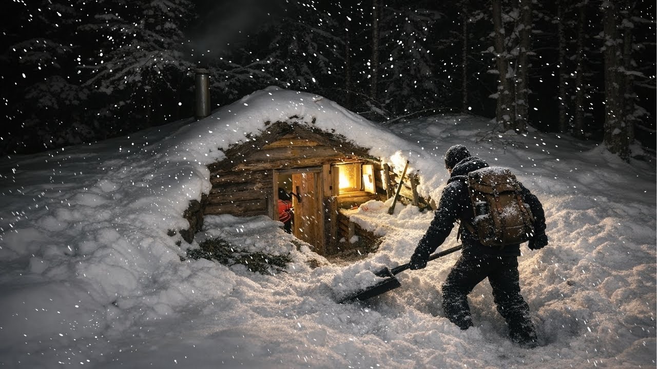 Solo Survival Camping in a Wooden Cabin — Winter Blizzard Night with My Brother | Nature ASMR