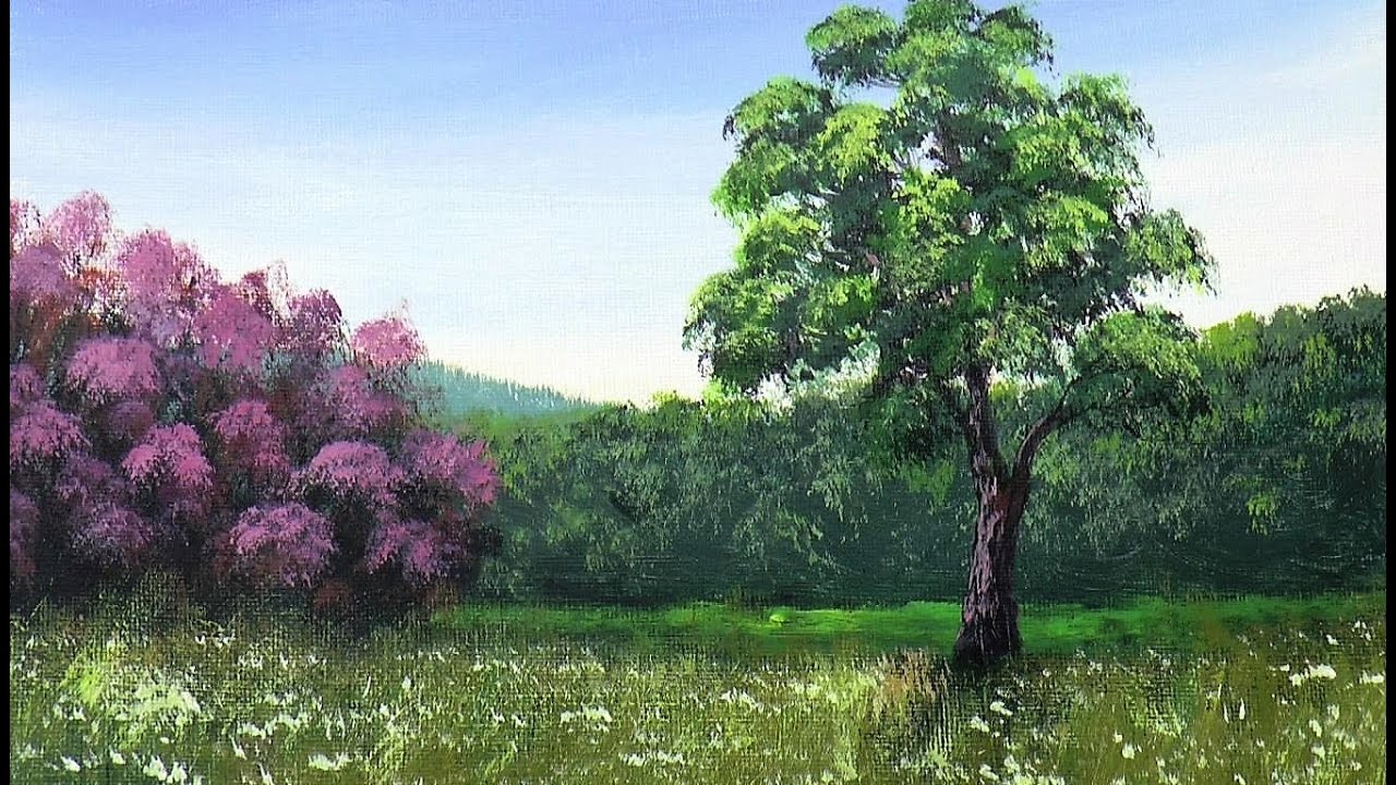 Рисуем Лесистые Горы, Кусты с цветами ,Траву Акрилом. Mountains, Bushes, Grass. Acrylic.