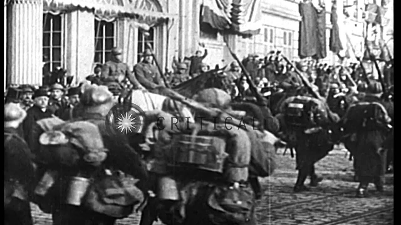 King Albert I, and Queen Elisabeth, of Belgium, review Belgian troops and US troo...HD Stock Footage