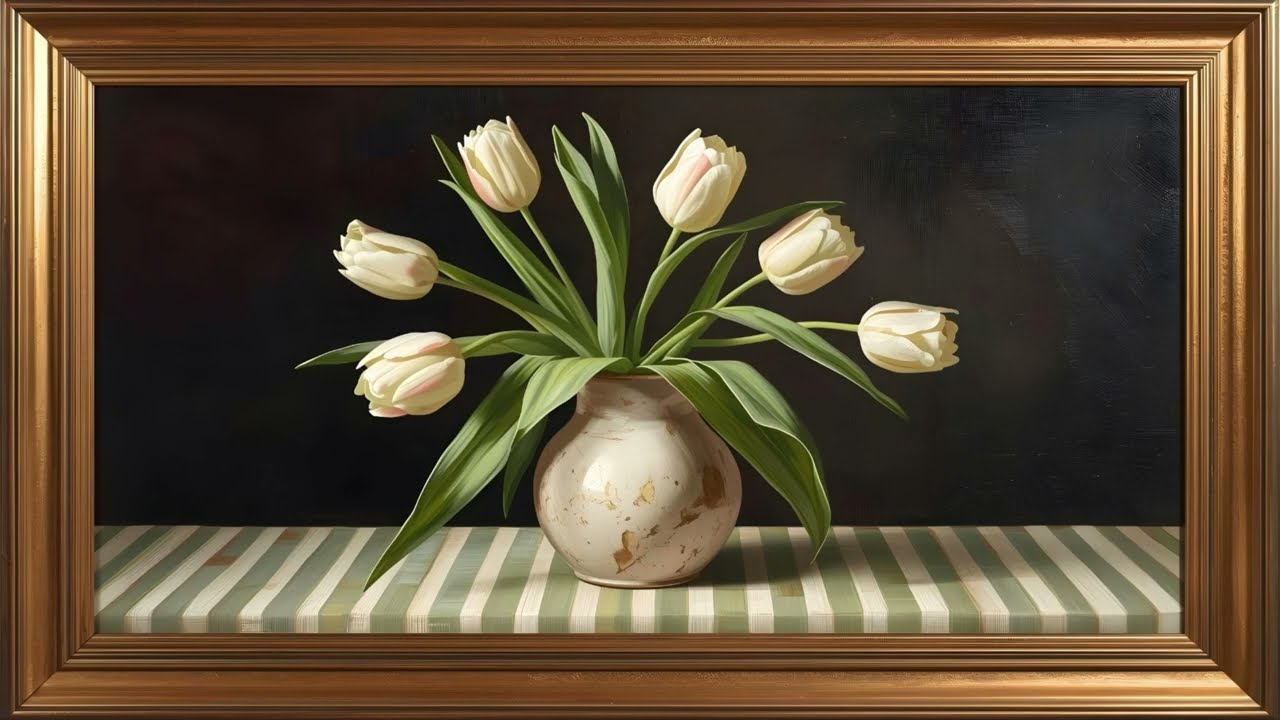 Vintage Tulip Still Life TV Art | Green Stripe Floral Wall Art | Cozy Frame TV Decor l 2 Hour Loop