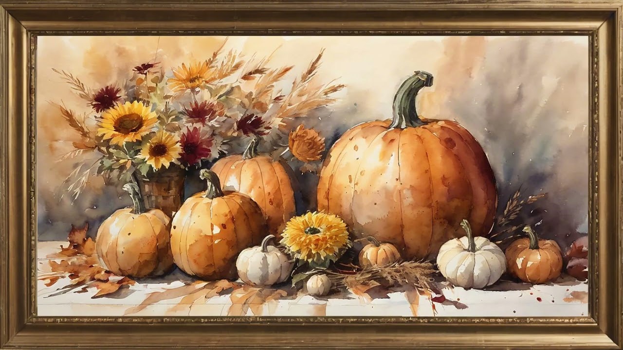 Fall Harvest Pumpkins and Flowers. Gold framed Vintage art screensaver. 4k TV Painting background